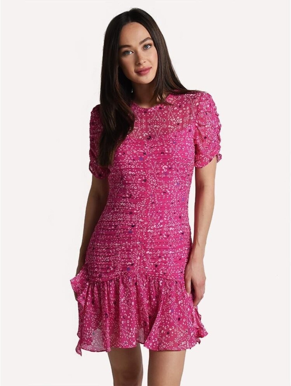 Tanya Taylor Carti Silk‎ Ruffle Mini Dress Hot Pink Floral Size 2